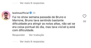 Fã faz relato sobre a voz de Bruno em Show - Foto Instagram