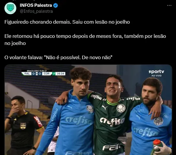 Figueiredo saindo carregado de jogo do Palmeiras - Foto Reprodução Instagram