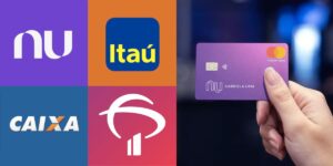 Logo Nubank, Itaú, Bradesco e Caixa, e pessoa segurando cartão de crédito (Fotos: Reproduções / Internet)