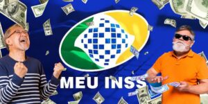 Logo do INSS e idosos comemorando dinheiro - Foto Reprodução Internet