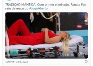 Renata Fan sai de maca do Jogo Aberto, após Internacional ser desclassificado da Libertadores - Foto Band