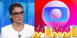 Renata Vasconcellos, logo da Globo e cervejas - Foto Reprodução Internet