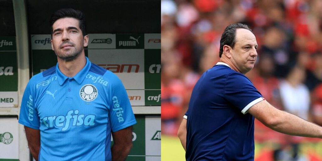 Abel Ferreira e Rogério Ceni no comando de suas equipes (Reprodução: Montagem TV Foco)