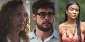 Agatha, Hélio e Yandara em cenas de Terra e Paixão (Foto: Reprodução / Globo / Montagem TV Foco)