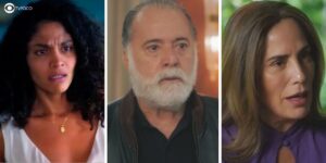 Aline, Antônio e Irene em cenas de Terra e Paixão (Foto: Reprodução / Globo / Montagem TV Foco)