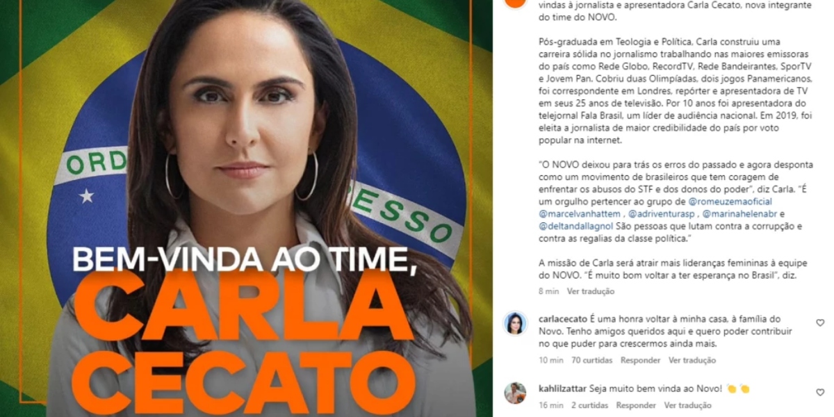 Anúncio do Partido Novo sobre Carla Cecato (Foto: Reprodução/Instagram)