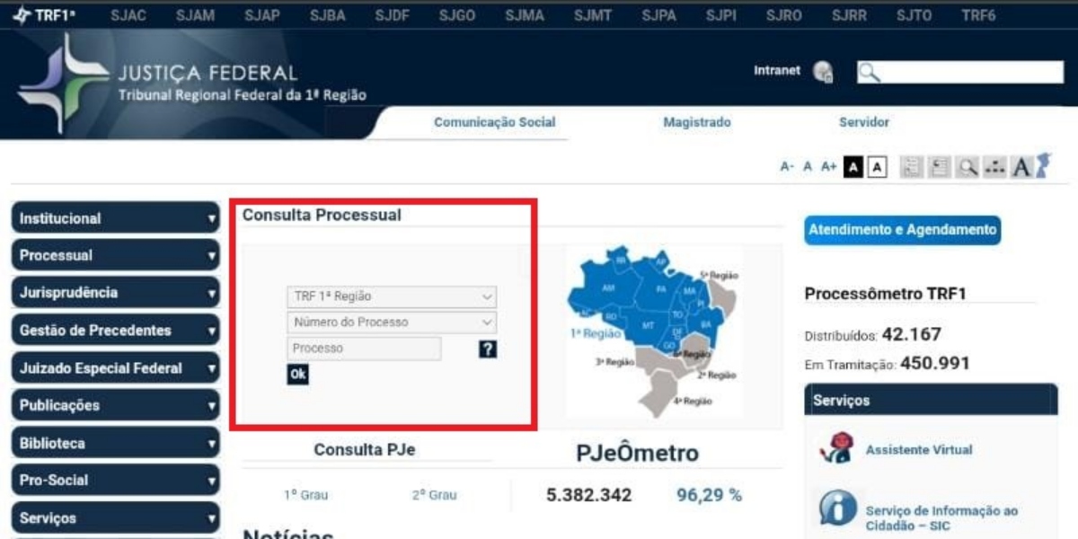 Consulta processo do INSS no TRF da 1ª Região (Foto: Reprodução/TRF)