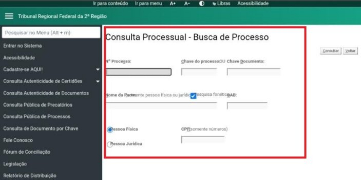 Consulta processual TRF2 (Foto: Reprodução/TRF)