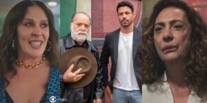 Emmy, Caio, Antônio e Agatha em cenas de Terra e Paixão (Foto: Reprodução / Globo / Montagem TV Foco)