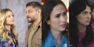 Graça, Jonatas, Anely e Petra em cenas de Terra e Paixão (Foto: Reprodução / Globo / Montagem TV Foco)