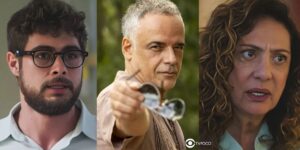 Hélio, Andrade e Agatha em cenas de Terra e Paixão (Foto: Reprodução / Globo / Montagem TV Foco)