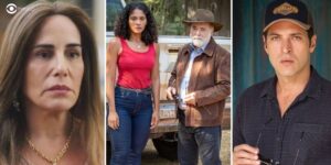 Irene, Aline, Antônio e Marino em cenas de Terra e Paixão (Foto: Reprodução / Globo / Montagem TV Foco)