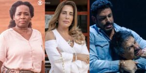 Jussara, Irene, Caio e Gregório em cenas de Terra e Paixão (Foto: Reprodução / Globo / Montagem TV Foco)