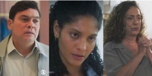 Tadeu, Aline e Agatha em cenas de Terra e Paixão (Foto: Reprodução / Globo / Montagem TV Foco)