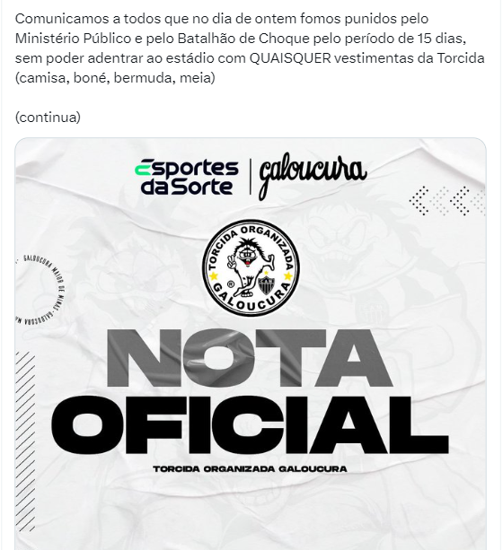 Nota oficial da torcida organizada do Atlético-MG - Foto: Reprodução/Twitter
