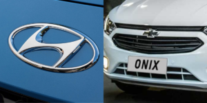 Logo da Hyundai e carro Onix da Chevrolet (Reprodução/Montagem TV Foco)