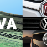 Símbolo do IPVA e logos das marcas Fiat, Volkswagen e Nissan (Reprodução/Montagem TV Foco)