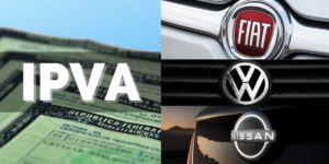 Símbolo do IPVA e logos das marcas Fiat, Volkswagen e Nissan (Reprodução/Montagem TV Foco)