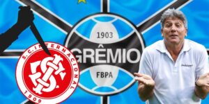 Brasão do Inter com facada, Renato Gaúcho e bandeira do Grêmio - Foto Reprodução Internet