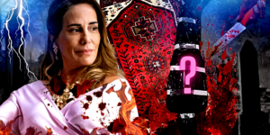 Irene suja as próprias mãos com sangue ao matar personagem e enrolar corpo em um tapete, em Terra e Paixão, novela da Globo (Foto Reprodução/Montagem/Tv Foco)