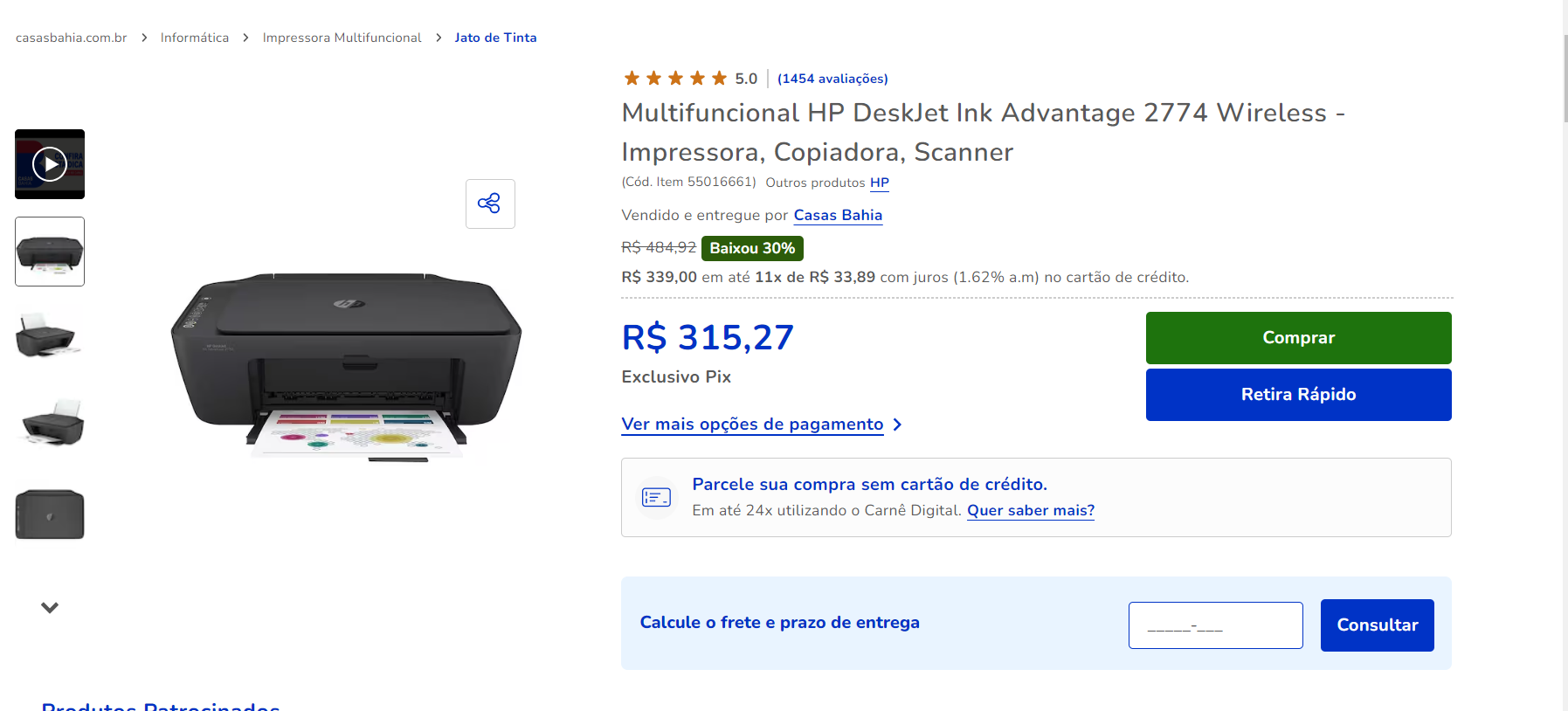 HP, a DeskJet Ink Advantage 2774 (Foto Reprodução/Casas Bahia)