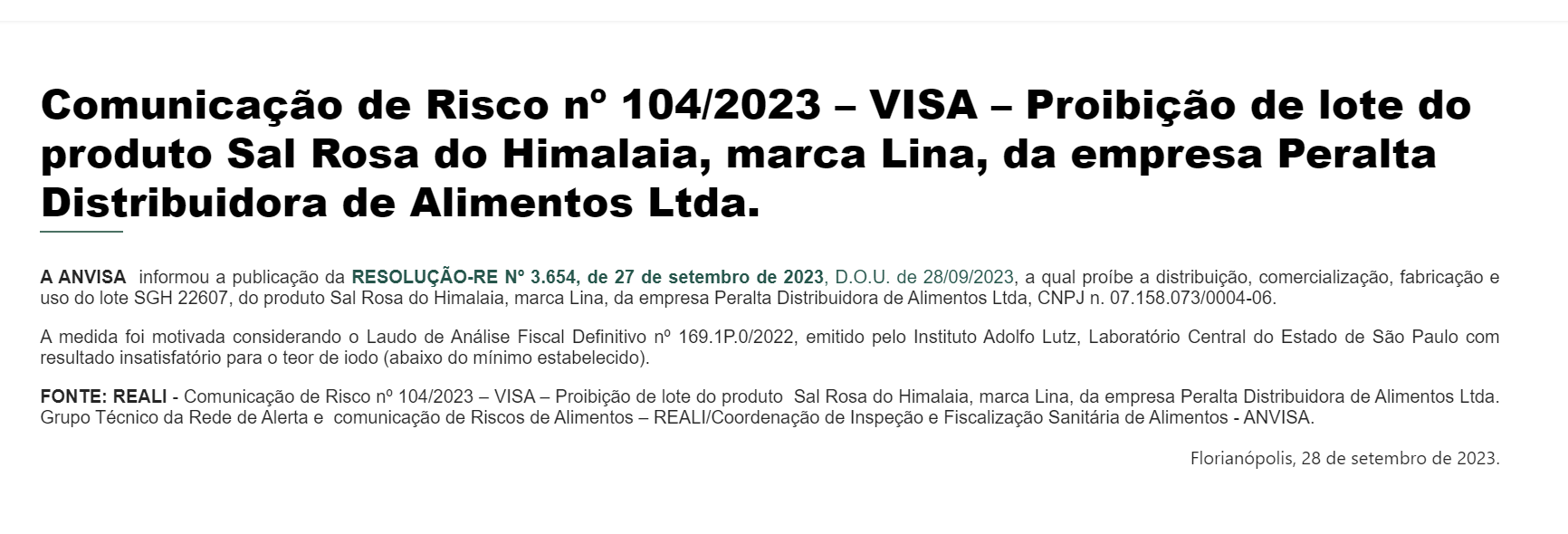 Comunicado emitido pela ANVISA (Foto Reprodução/Vigilância Sanitária)