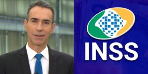 César Tralli / Logo do INSS - Montagem: TVFOCO