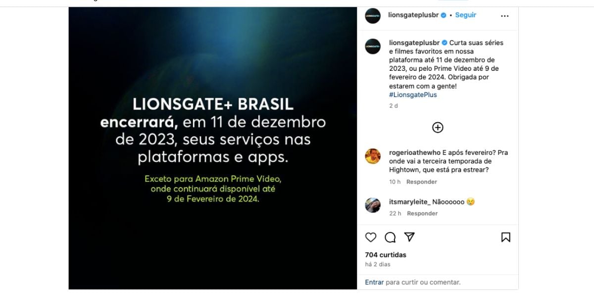 Comunicado Lionsgate+ (Foto: Reprodução / Instagram)