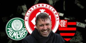 Coudet e escudos do Internacional, Palmeiras e Flamengo (Foto - Montagem TV Foco)