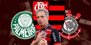 Landim e escudos do Flamengo, Palmeiras e Corinthians (Foto - Montagem TV Foco).