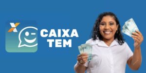 Logo do Caixa Tem e mulher segurando notas de cem (Fotos: Reproduções / Internet / Freepik)