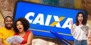 Logo da Caixa em celular e pessoas felizes com grana extra - Foto Reprodução Internet