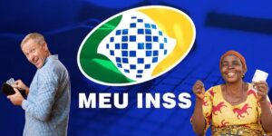 Logo do INSS e idosos com dinheiro na mão - Foto Reprodução Internet