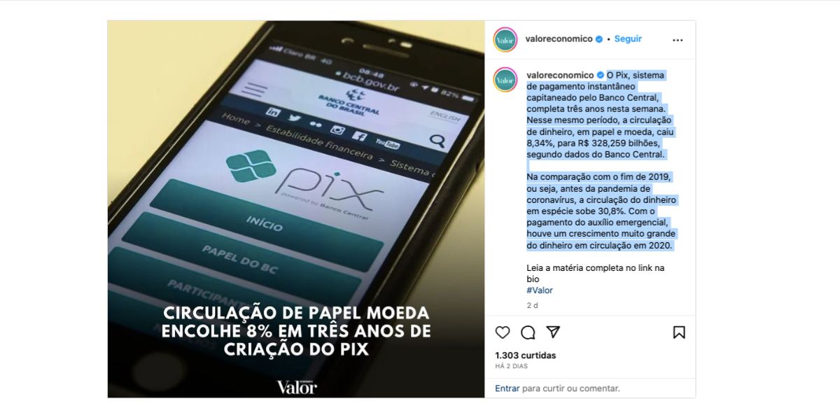 Notícia sobre o PIX (Foto: Reprodução / Instagram) 