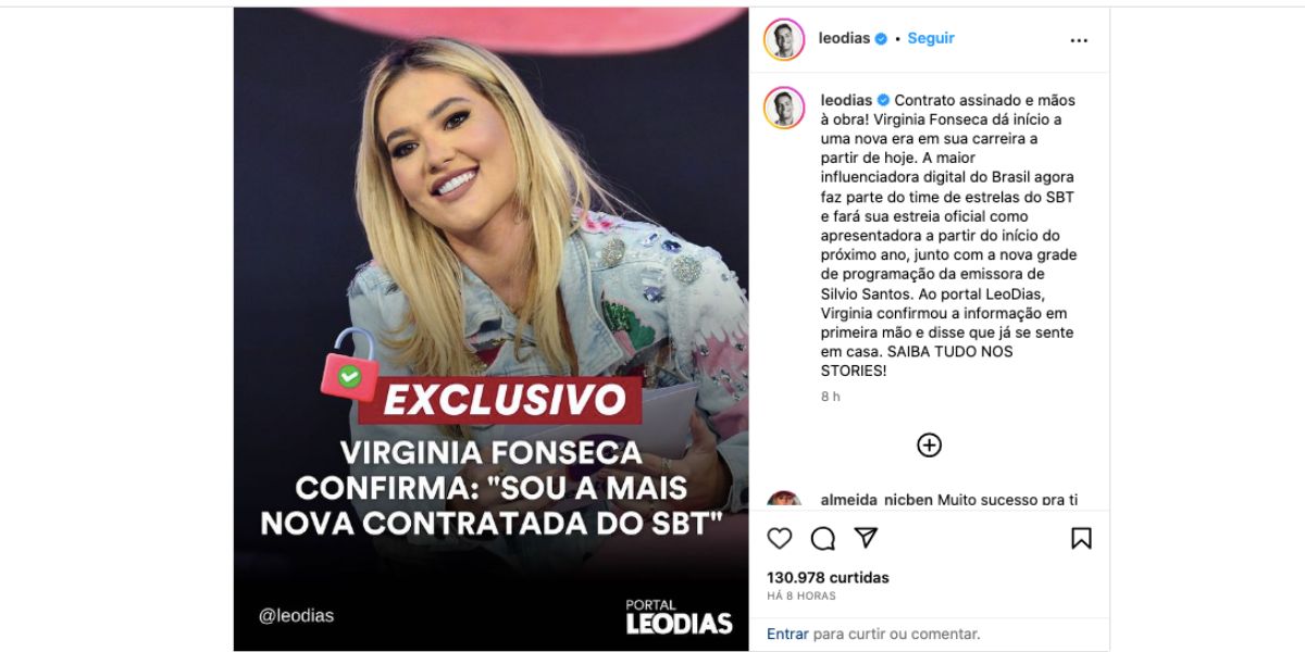 Notícia de Léo Dias sobre Virgínia Fonseca (Foto: Reprodução / Instagram)