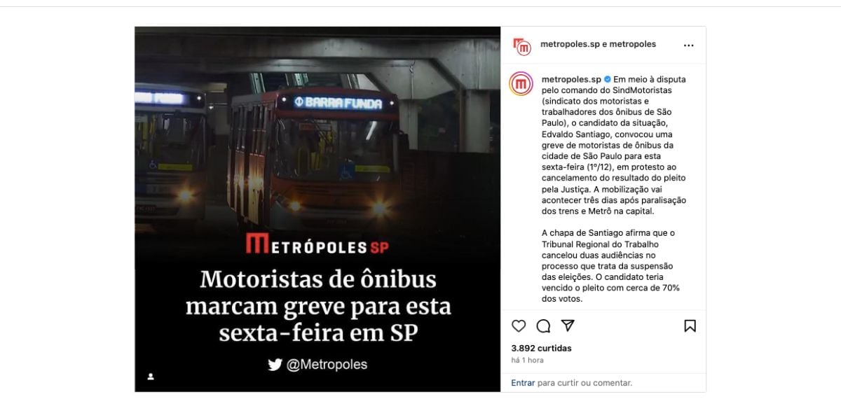 Notícia greve de ônibus (Foto: Reprodução / Instagram)