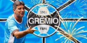 Renato Gaúcho e bandeira do Grêmio com fogos de artifício - Foto Reprodução Internet