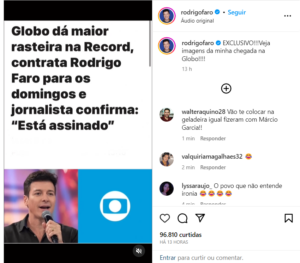 Rodrigo Faro faz brincadeira a respeito da sua ida para a Globo - Foto Reprodução Instagram