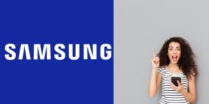 Samsung e mulher segurando aparelho celular - (Reprodução Internet)