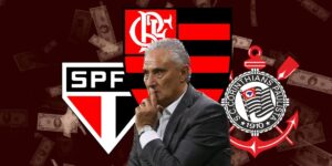 Tite e escudos do Flamengo, São Paulo e Corinthians (Foto - Montagem TV Foco)