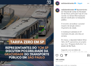 Todos os detalhes sobre a Tarifa Zero em São Paulo - Foto Instagram