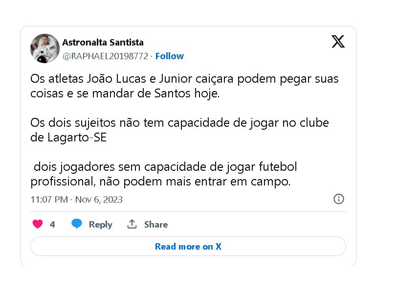 Torcedor do Santos revoltado com o time no twitter - Foto Reprodução Internet