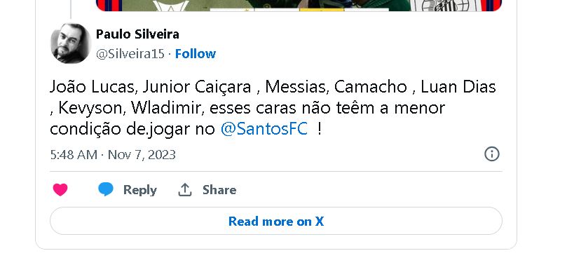 Torcedor do Santos revoltado com o time no twitter - Foto Reprodução Internet