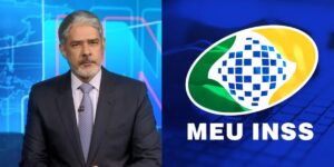 William Bonner no Jornal Nacional / Logo do INSS - Montagem: TVFOCO