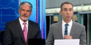 William Bonner no Jornal Nacional e César Tralli no Jornal Hoje (Fotos: Reproduções / Globo)