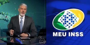 William Bonner no Jornal Nacional e logo do INSS - Foto Reprodução Internet