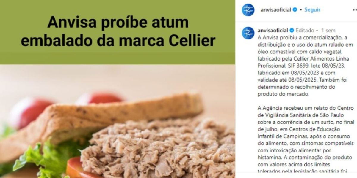 Comunicado da Anvisa sobre a marca de atum arrancada dos mercados (Reprodução: Instagram)