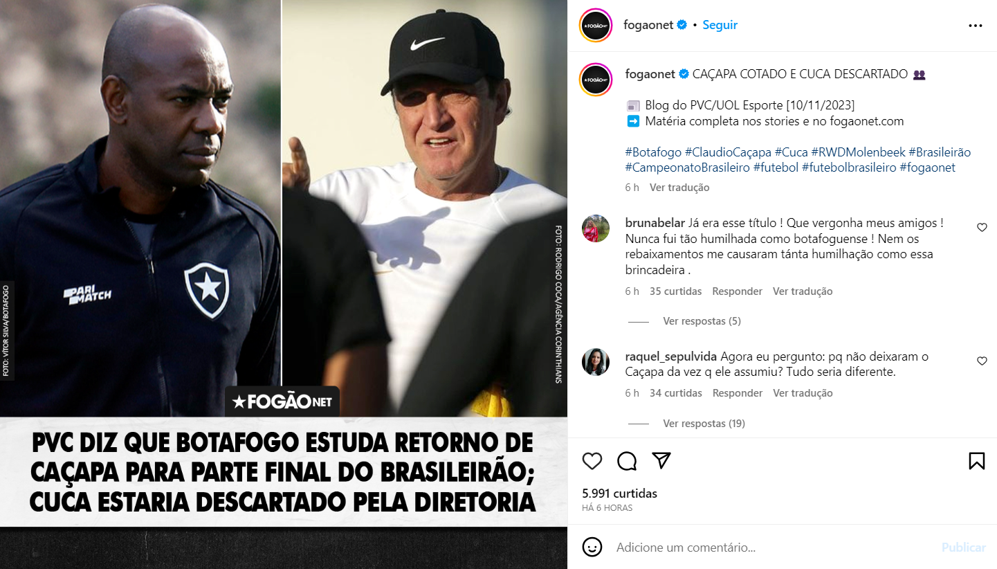 O Botafogo decide sobre a contratação de novo técnico para a reta final do Brasileirão - (Foto: Reprodução / Instagram)