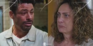 Caio (Cauã Reymond) e Agatha (Eliane Giardini) em Terra e Paixão (Foto: Reprodução / Globo / Montagem TV Foco)