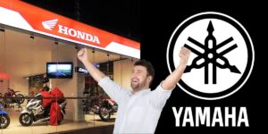 Fachada da Honda, homem comemorando e logo da Yamaha (Foto: Reprodução / Internet)